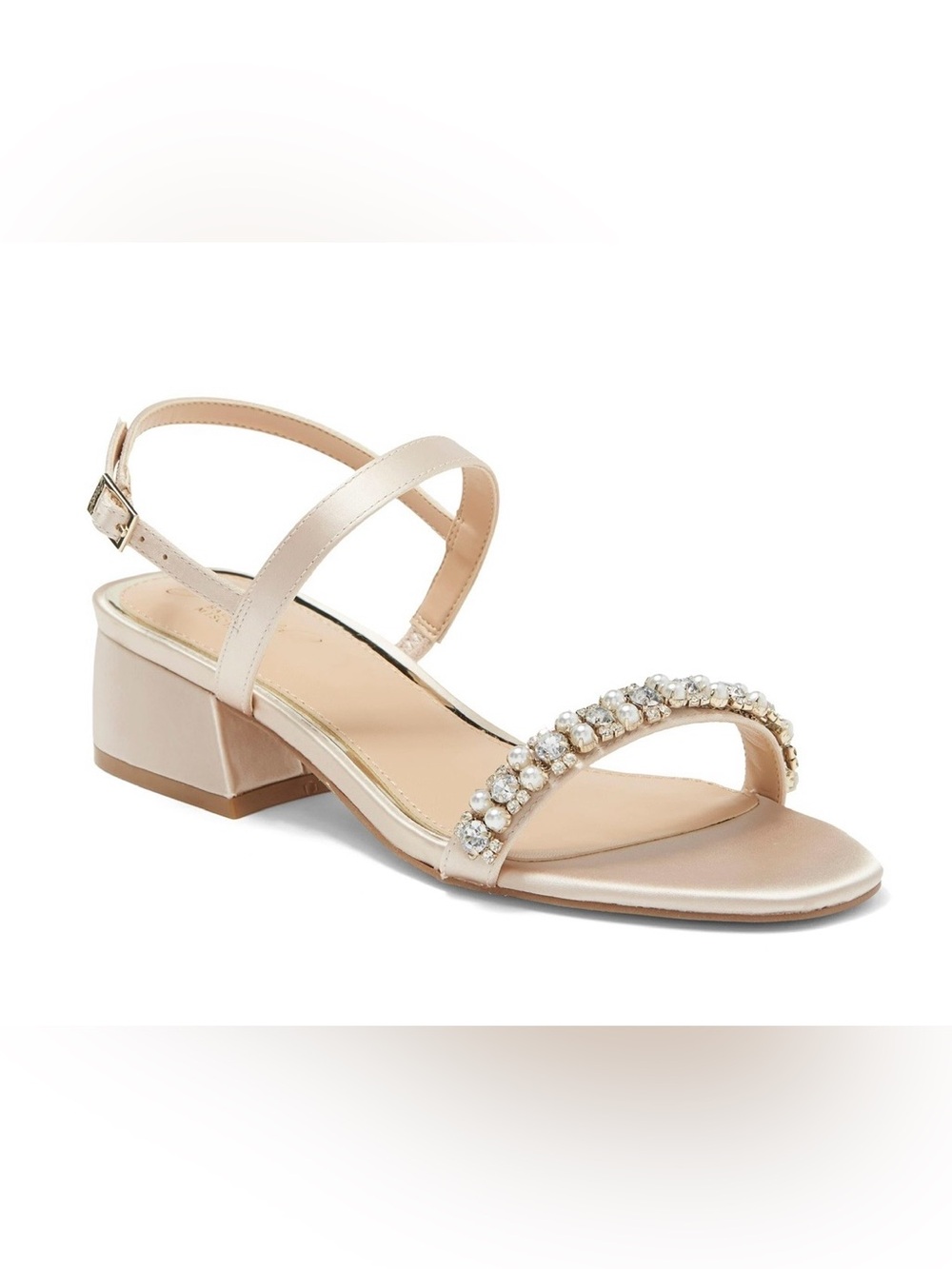 Jewel Badgley Mischka Champagne Satin Autumn Crystal & Pearl Block Heel Sandals